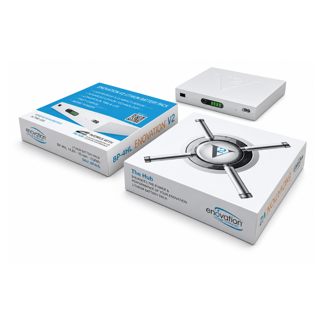 Three white packages are shown: one open, displaying a flat, square device with ports and lights, and two closed boxes labeled "The Vault – Universal Rechargeable Battery Backup by Enouvation" with blue and gray branding.